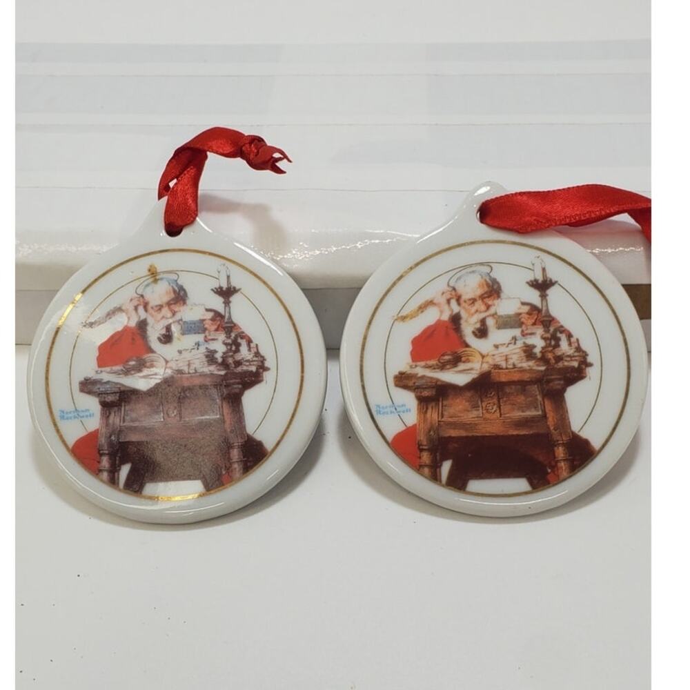 Vintage 1996 Norman Rockwell Ornaments Santa Reading Letters  (Set of 2)